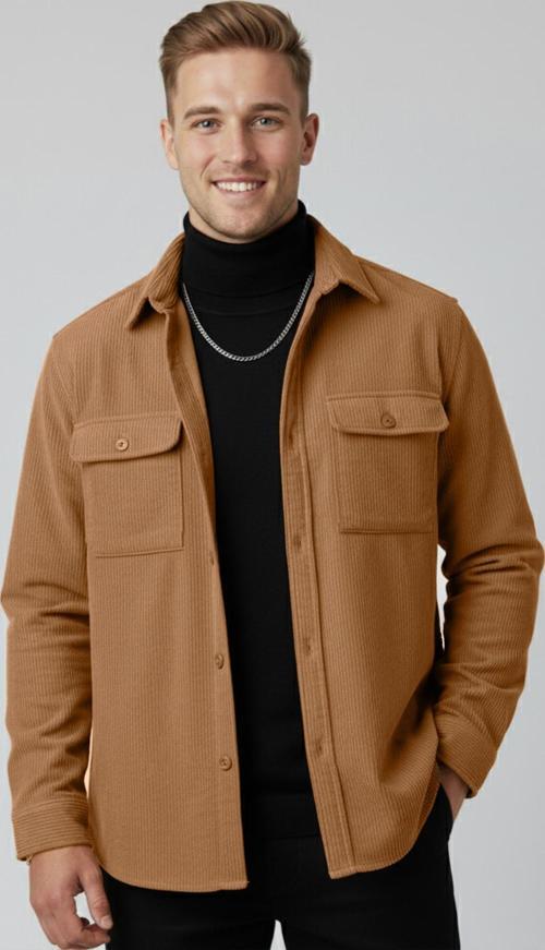 Camel Cepli Likralı Kadife Kumaş Rahat Kesim Erkek Gömlek – Yumuşak Dokulu, Şık Tasarım Gömlek 2600759