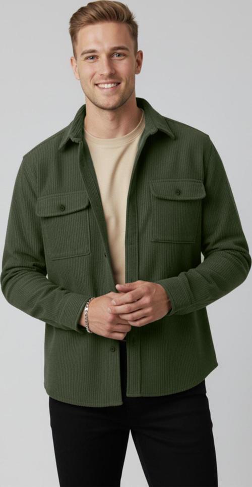 Yeşil Cepli Likralı Kadife Kumaş Rahat Kesim Erkek Gömlek – Yumuşak Dokulu, Şık Tasarım Gömlek 2600759