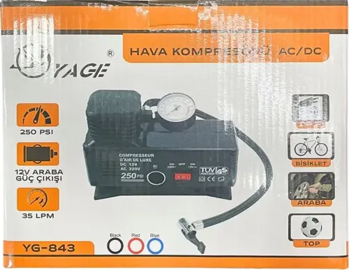 220 Volt-12 Volt 250 Psi Kompresör Lastik Hava Şişirme Oto Pompası Fişli Ve Çakmaklı Yage-843 (5060)