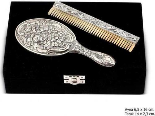 Manolya Motifli Ayna Tarak Gümüş Set (BC-4919BD)