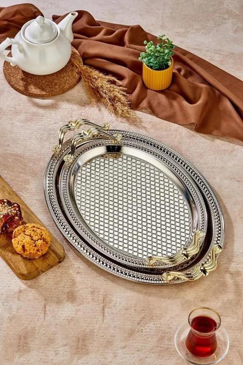 Cooker CKR3537 Gold Kulplu Silver Oval Tepsi 2'li