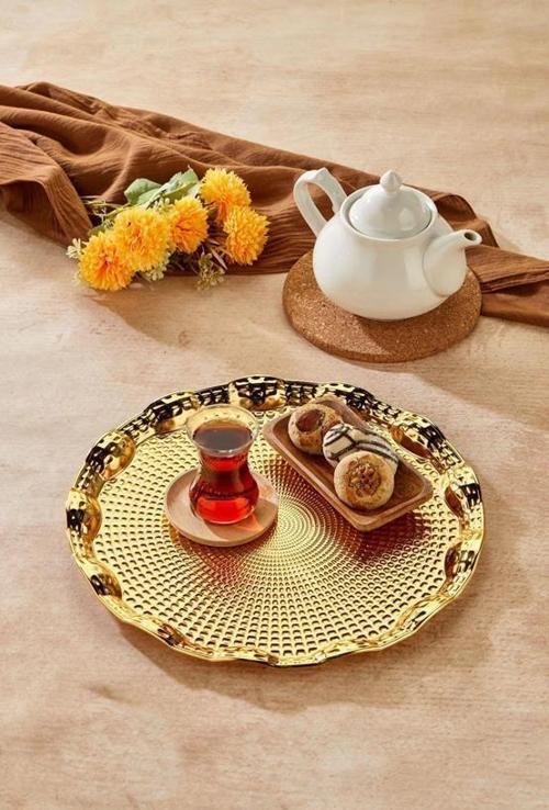 Cooker Yuvarlak Gold Metal Tepsi 35 cm