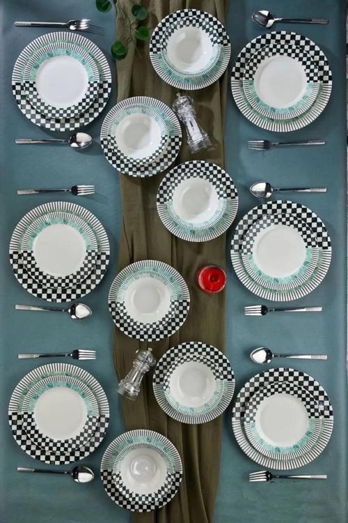 Cooker CKR4166 Dijital Baskılı Damalı Porselen Yemek Takımı 24 Parça