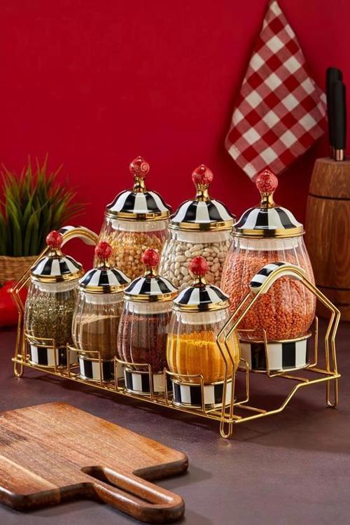 Cooker Siyah-Beyaz Kapaklı Cam Baharat Seti 7'li