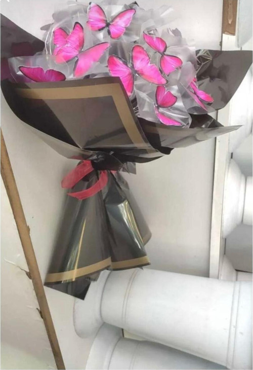 Led Işıklı Kelebek Çiçek Buketi - Pembe Siyah 10'Lu