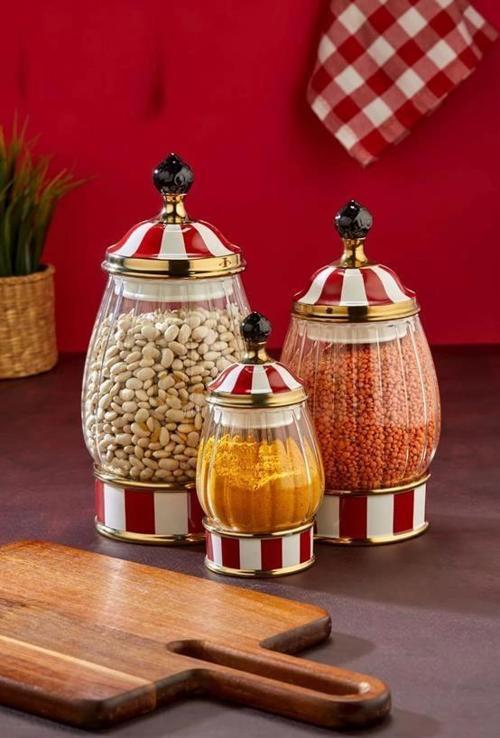 Cooker Kırmızı-Beyaz Kapaklı Cam Baharatlık Seti 3'lü