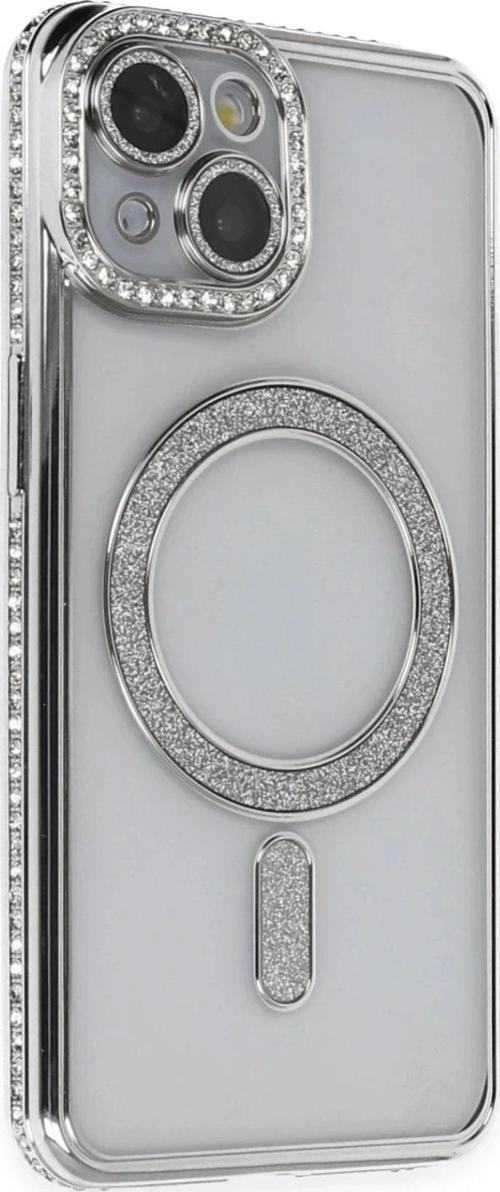 iPhone 14 Kılıf Joke Simli Magneticsafe Kılıf - Gümüş-(5796)