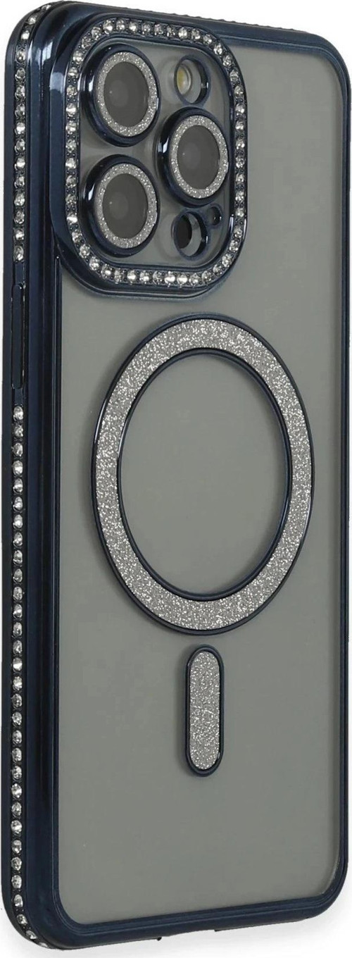 iPhone 14 Pro Kılıf Joke Simli Magneticsafe Kılıf - Lacivert-(5796)
