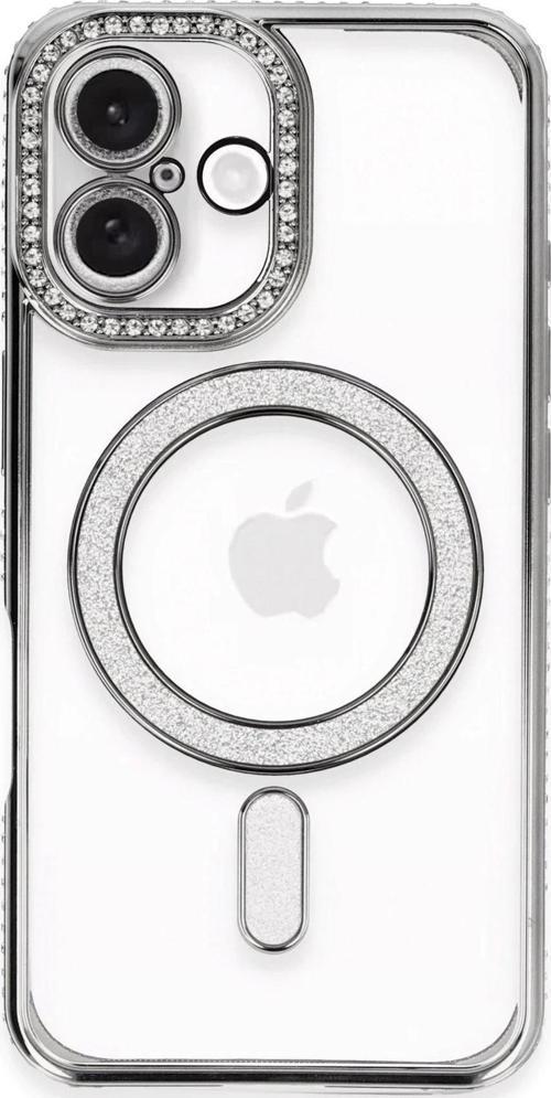 iPhone 16 Plus Kılıf Joke Simli Magneticsafe Kılıf - Gri-(5796)