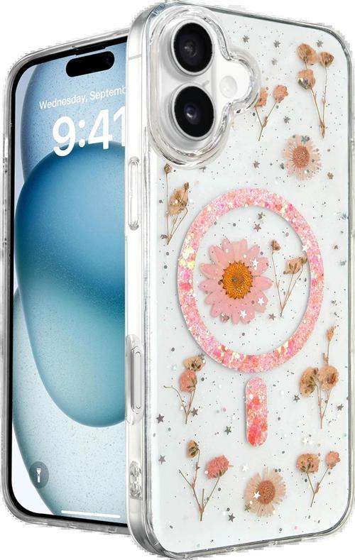 iPhone 16 Kılıf Daisy Simli Magsafe Kapak - Pembe-(5796)