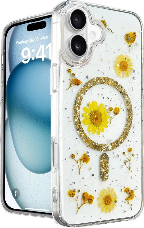 iPhone 16 Kılıf Daisy Simli Magsafe Kapak - Gold-(5796)