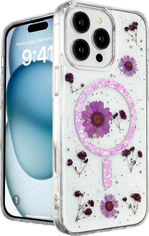 iPhone 16 Pro Max Kılıf Daisy Simli Magsafe Kapak - Mor-(5796)