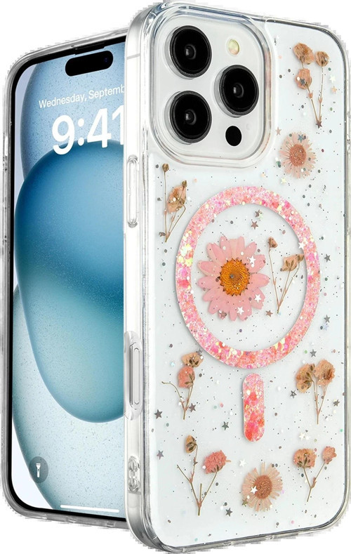 iPhone 16 Pro Kılıf Daisy Simli Magsafe Kapak - Pembe-(5796)