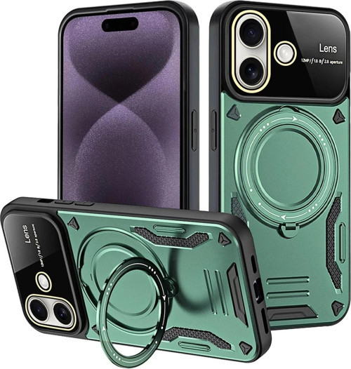 iPhone 16 Kılıf Joy Lens Standlı Kapak - Koyu Yeşil-(5796)