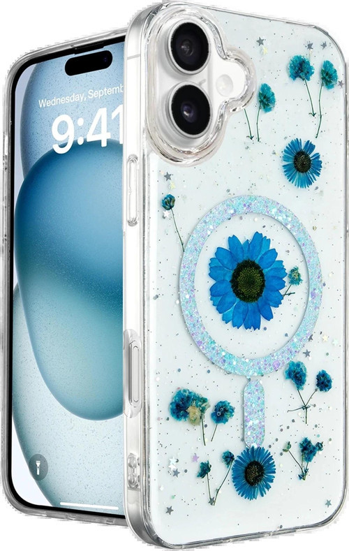 iPhone 16 Kılıf Daisy Simli Magsafe Kapak - Mavi-(5796)
