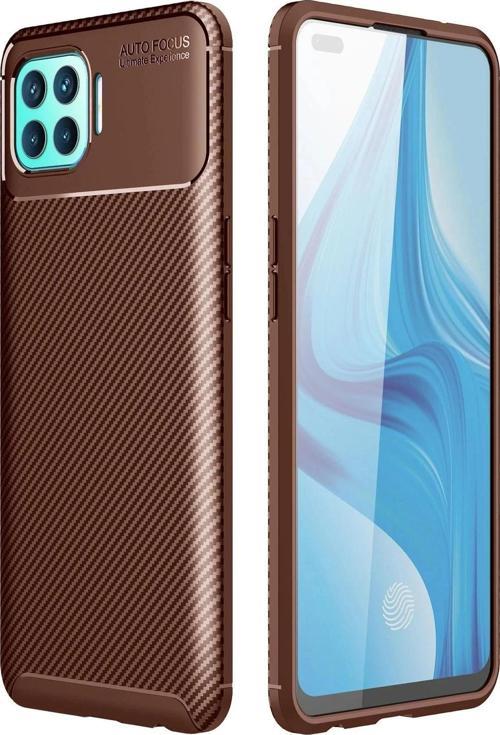 Oppo Reno 4 Lite Kılıf Auto Focus Karbon Kapak - Kahverengi-(5796)