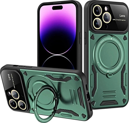 iPhone 16 Pro Max Kılıf Joy Lens Standlı Kapak - Koyu Yeşil-(5796)