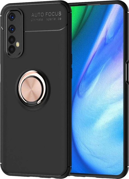 Realme 7 Kılıf Range Yüzüklü Silikon - Siyah-Gold-(5796)