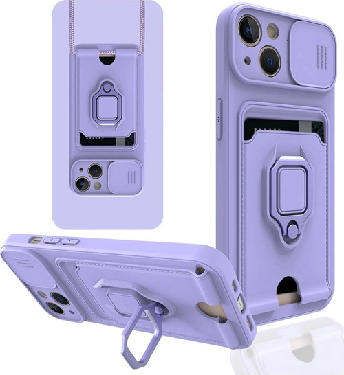 iPhone 14 Kılıf Zuma Kartvizitli Yüzüklü Silikon - Lila-(5796)