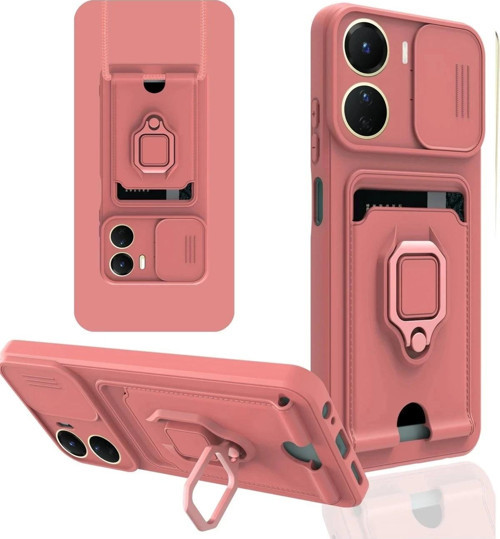 Vivo Y16 Kılıf Zuma Kartvizitli Yüzüklü Silikon - Pembe-(5796)