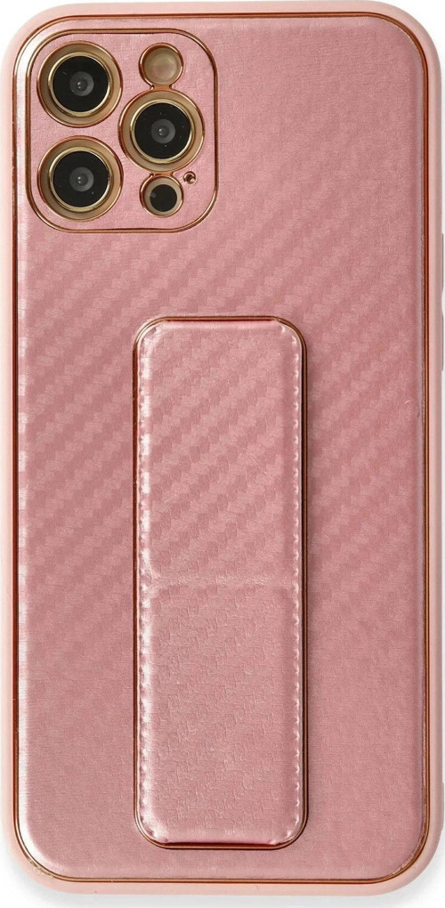 iPhone 12 Pro Kılıf Coco Karbon Standlı Kapak - Pembe-(5796)