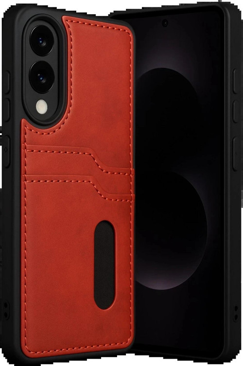Samsung Galaxy S25 Edge Sara Kartvizitli Deri Kılıf - Kırmızı-(5796)