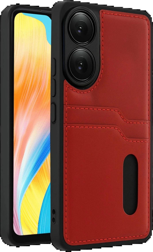 Oppo A38 Sara Kartvizitli Deri Kılıf - Kırmızı-(5796)