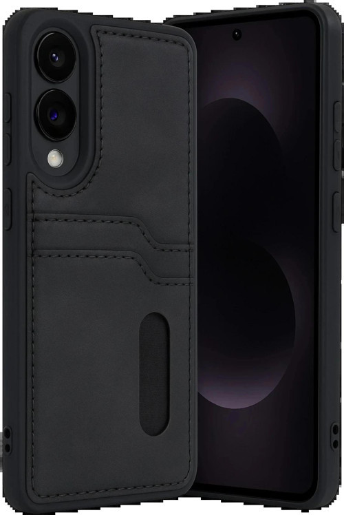 Samsung Galaxy S25 Edge Sara Kartvizitli Deri Kılıf - Siyah-(5796)
