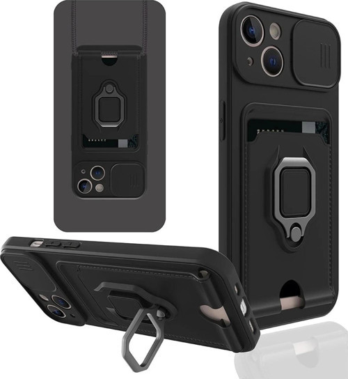 iPhone 14 Plus Kılıf Zuma Kartvizitli Yüzüklü Silikon - Siyah-(5796)