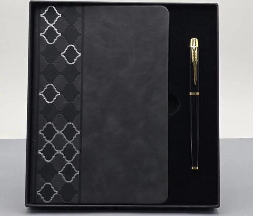 Desenli Siyah Deri Defter Kalem Set