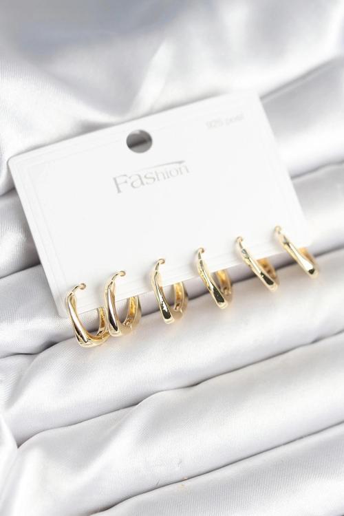 BFS Gold Renk Pirinç Kare Halka Model 925 Ayar Gümüş Çivili Kadın Küpe Seti