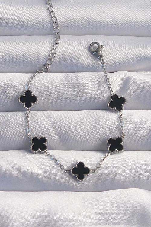 BFS 316L Çelik Baby Boy Gümüş Renk Siyah Mineli Yonca Bileklik