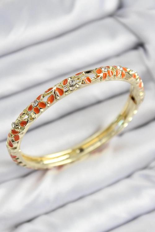 BFS Mineli Pirinç Zirkon Taşlı Turuncu Çiçek Motifli Gold Kadın Kelepçe