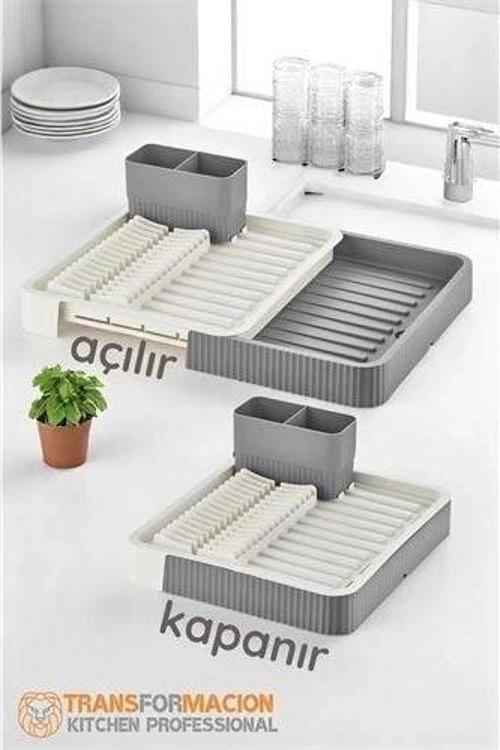 Açılır-Kapanır Bulaşıklık - Bulaşık Durulama Sepeti Tabaklık Bulaşık Kurutmalık GRİ