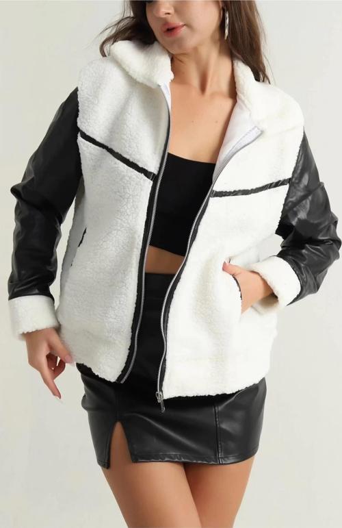 Deri garnili kuzu peluş mont beyaz t1220