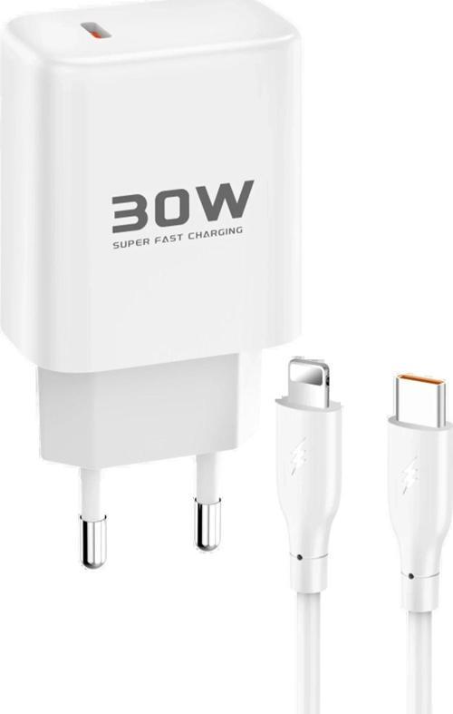 JK89 30W Type-C Çıkışlı Ekstra DC66 1M Type-C to Lightning Kablolu PD Şarj Cihazı - Beyaz-(5796)