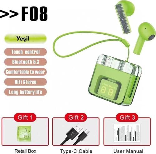 F08 Dijital Şarj Göstergeli TWS Bluetooth Kulaklık - Yeşil-(5796)
