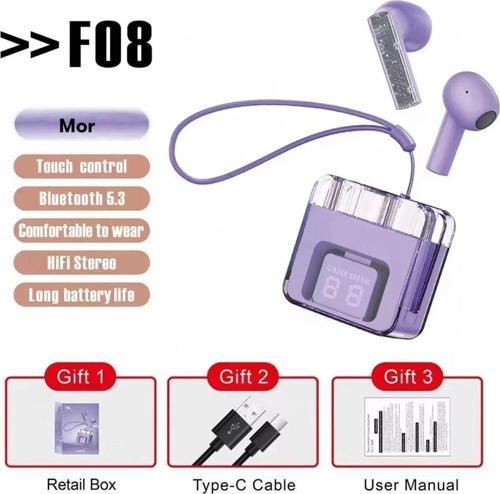 F08 Dijital Şarj Göstergeli TWS Bluetooth Kulaklık - Mor-(5796)