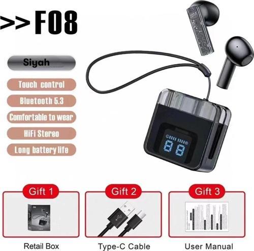 F08 Dijital Şarj Göstergeli TWS Bluetooth Kulaklık - Siyah-(5796)