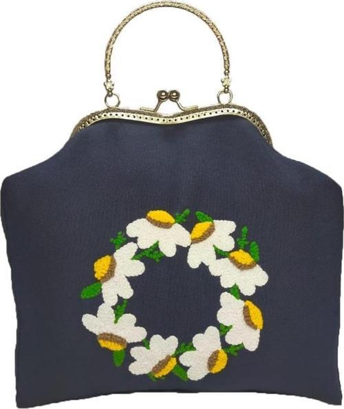 Metal Klipsli El Yapımı Vintage El Çantası - Lacivert Punch Işlemeli