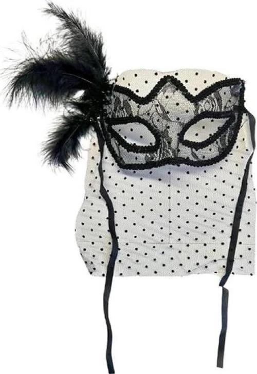 BFS Siyah Renk Siyah Puantiyeli Duvaklı İncili Parti Maskesi
