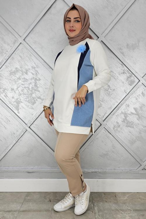 KADIN KOMBİNLİ TÜL ÇİÇEK DETAYLI TESETTÜR TUNİK