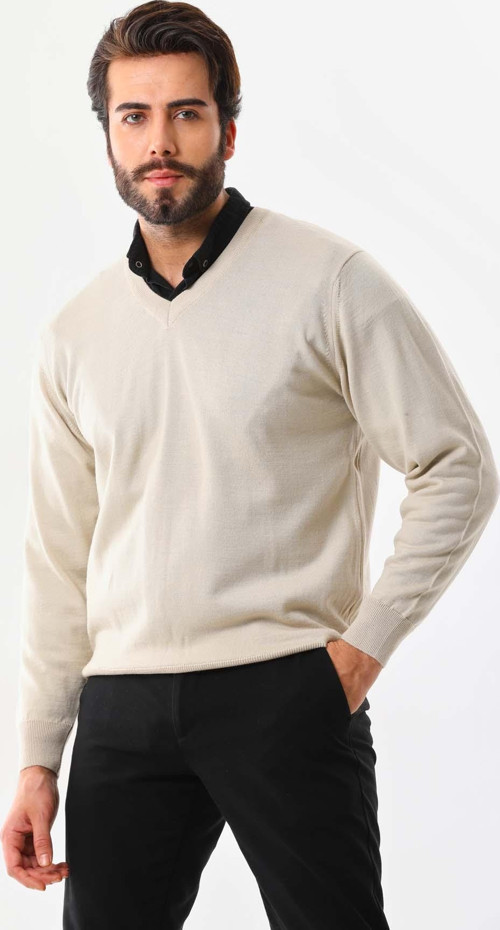 Erkek V Yaka Yün Kazak 5000 Bej