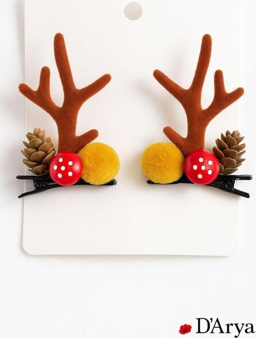 DD595 Kahverengi Geyik Boynuzu Çam Kozalaklı Yılbaşı Saç Tokası (8 cm) Christmas Hairband