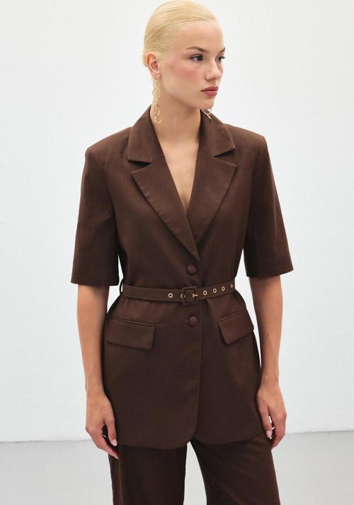 Kısa Kollu Kemerli Ceket - Kahve