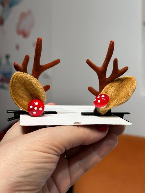 DD596 Kahverengi Geyik Boynuzlu Mantar Detaylı Yılbaşı Saç Tokası (8 cm) Christmas Hairband