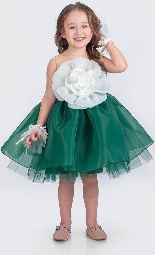 Karolin Robası Çiçekli Bilekli Aksesuarlı Kız Çocuk Abiye Elbise M00724 YEŞİL