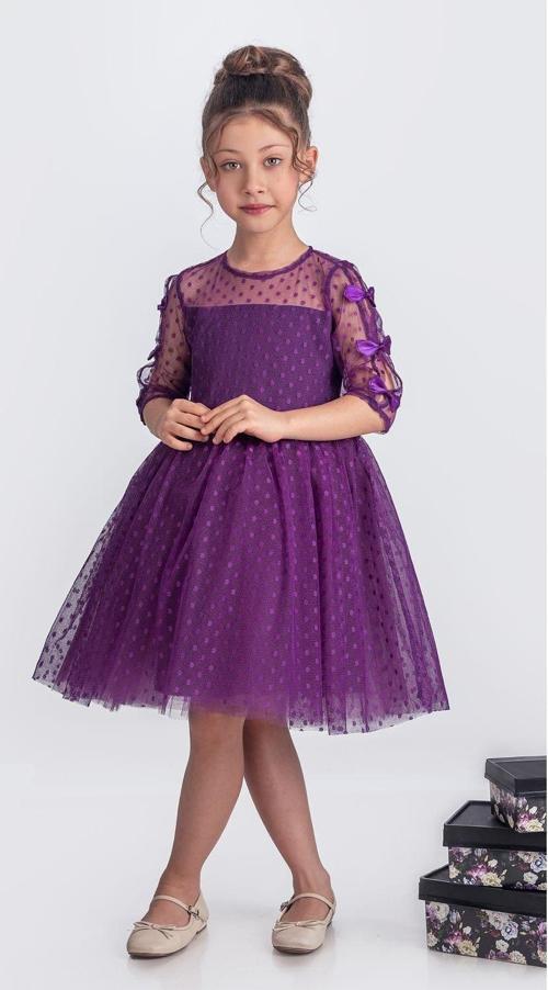 Dantel Puanlı, Uzun Kol Prenses Kız Çocuk Elbise M00707 MOR