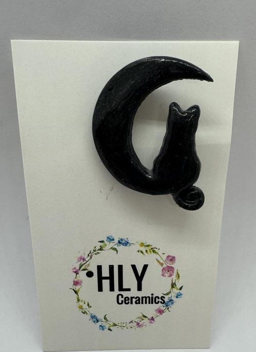 Ay Işığında Kedi Seramik Yaka İğnesi