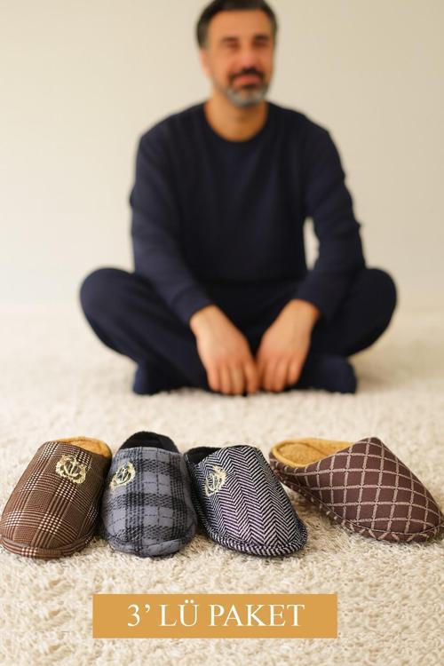 3'LÜ PAKET OXFORD Erkek Terlik Ev Terliği Kışlık Yumuşak Tabanlı